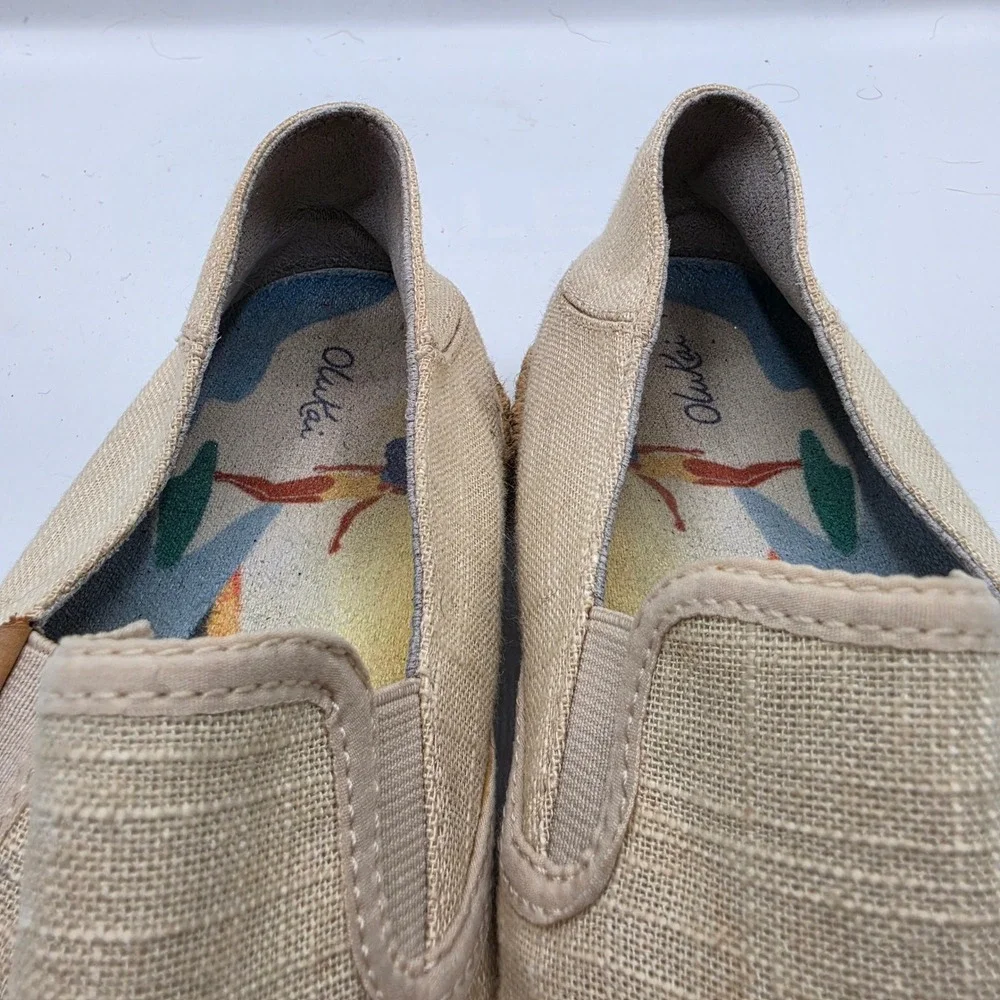 Olukai Kaula Pa'a Kapa Tan Linen Espadrille Slip On Shoes Womens 8.5